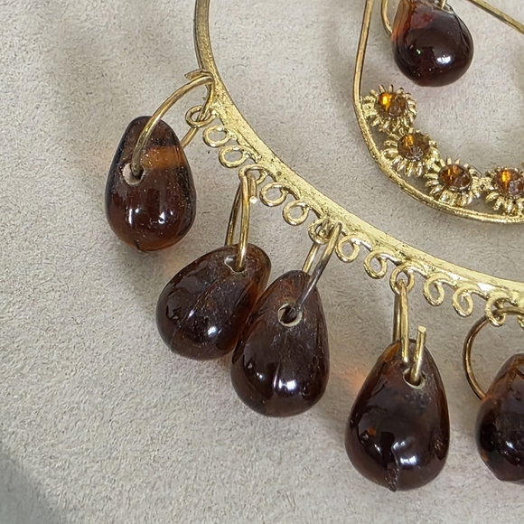 Large Statement Gold Hoop Earrings with Amber Glass Beads - Picture 5 of 14